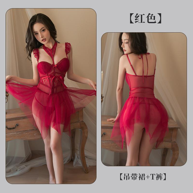 Sex underwear sexy pure desire wind mesh perspective plus chest pad steel ring gathering suspender nightdress set d