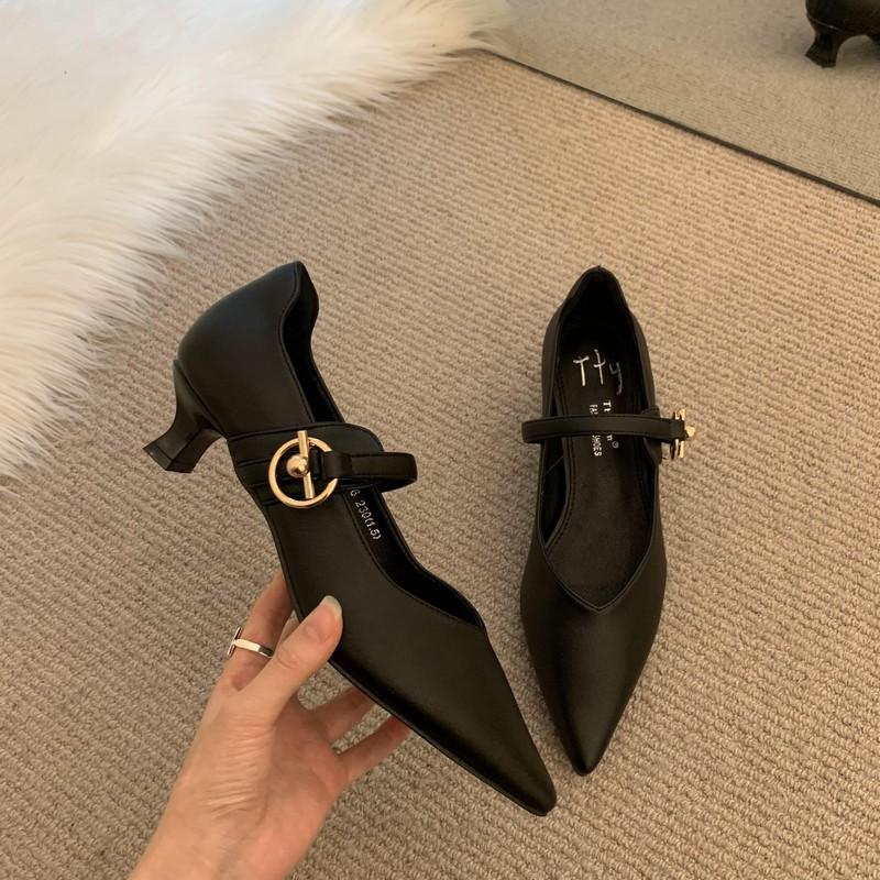 Design sense niche low-heeled shoes retro single shoes thick heel buckle belt women's shoes