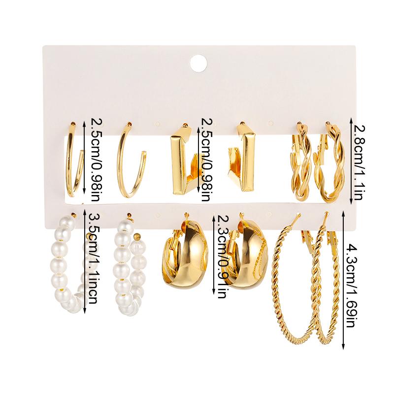 6 Pièces/Ensemble Boucles d'oreilles en métal Tendance Alliage de couleur or Or Géométrique Fausse perle Mode Boucles d'oreilles pour femmes en forme de C