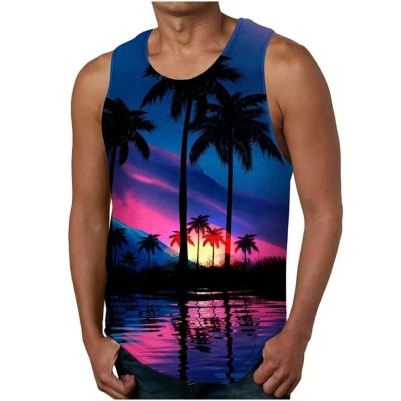 3D Printed Color Gradient Sunset Men's Vest with Plant Pattern T-shirt, Summer Loose Vacation Street Sports Top, Round Neck Vest