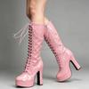 Femmes 12CM haut talon épais plate-forme bottes en cuir PU à lacets genou-haut solide bottes à glissière-exotique, fétiche, Sexy, chaussures