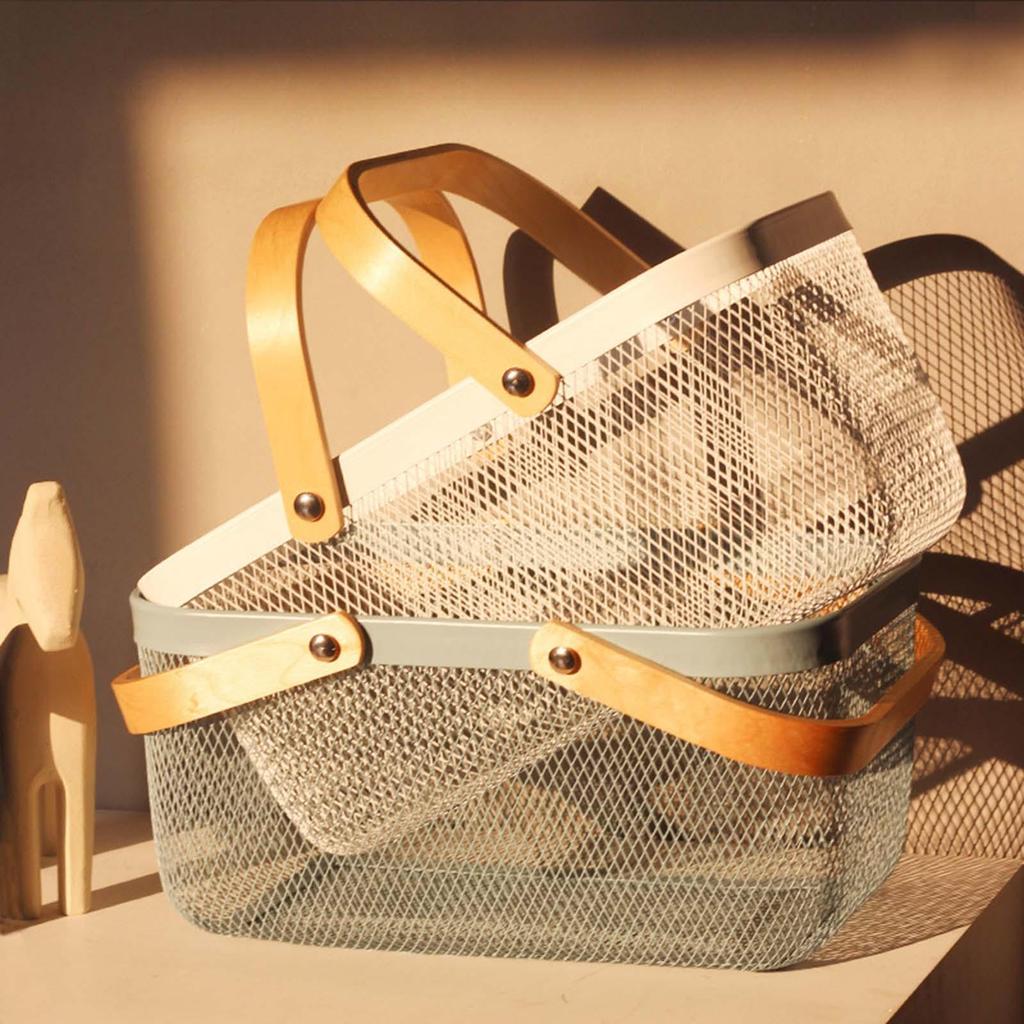 Panier de Rangement Pique-nique Poignées en Bois pour Sortie Randonnée Fruits Légumes Blanc