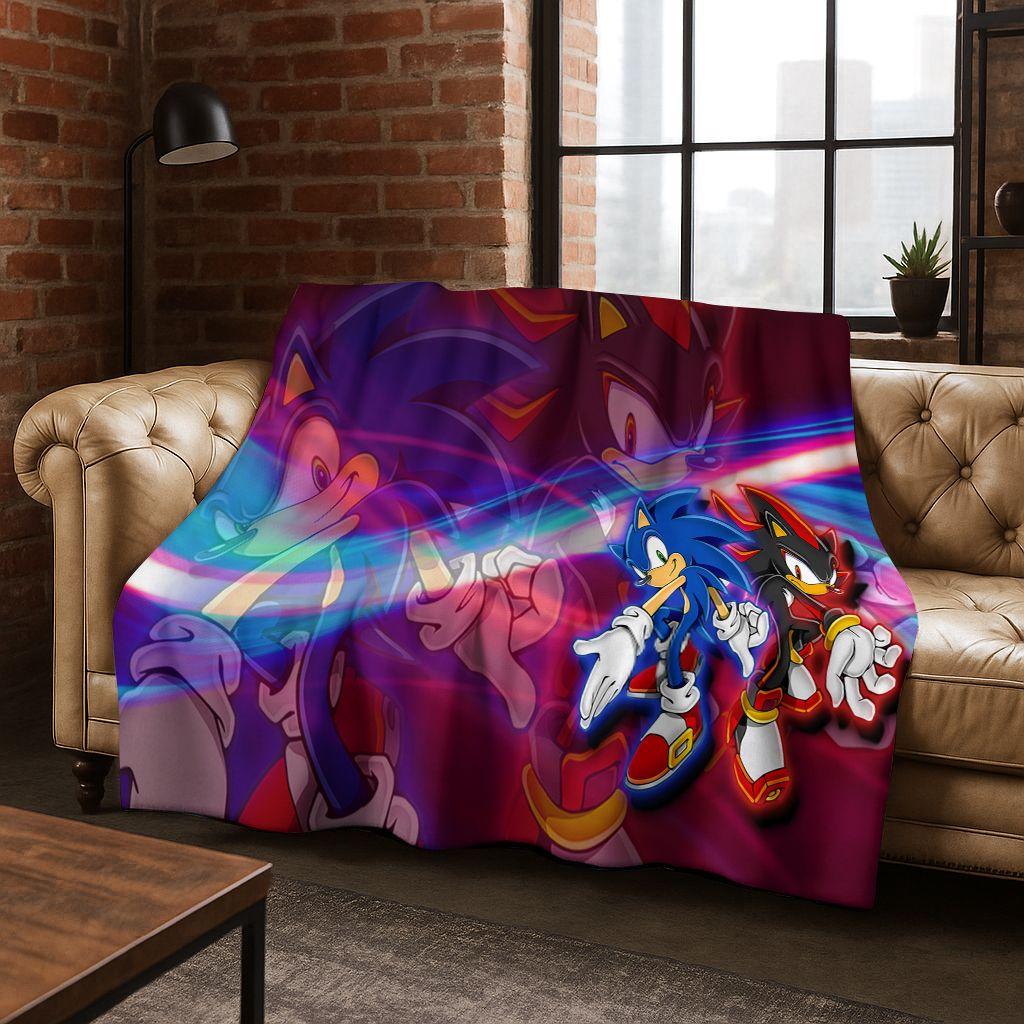 

Classic S-Sonic Game Cartoon Hedgehog Flannel Blanket Soft Warm Throw Blanket for Bed Bedroom Room Living Room Travel Picnic Kid 75x90cm
