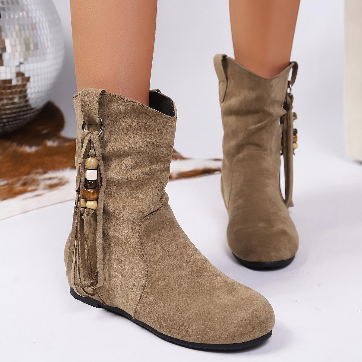 

Ретро короткие ботинки большого размера для женской осени и зимы 2025 года, новые, с круглым носком, с бисерной декоративной отделкой, ботинки на наборном каблуке для худых и бархатных женщин 37 хаки