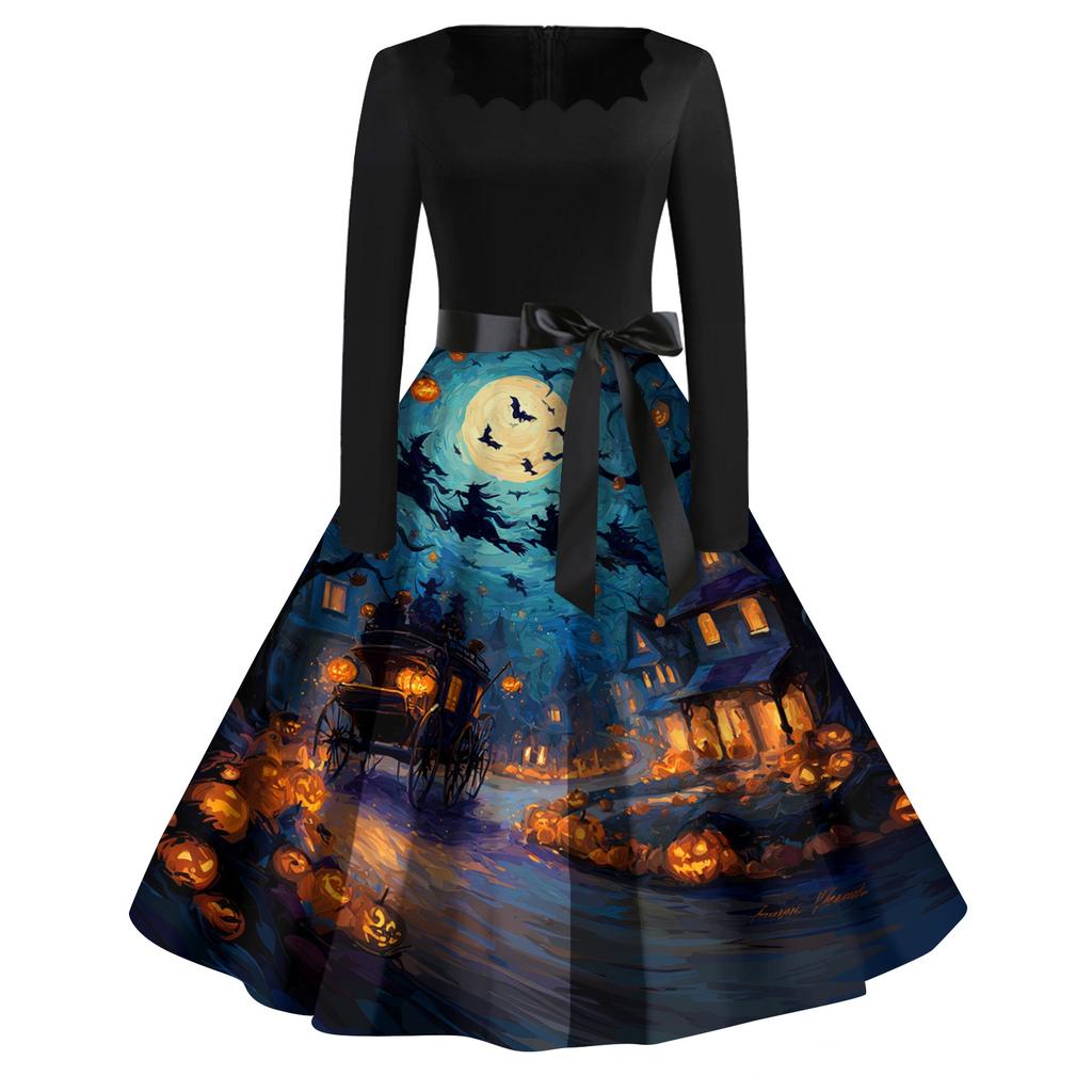 Robe décontractée vintage pour femme avec imprimé Halloween, col carré, manches longues, ceinture à la taille, style rétro, jupe évasée