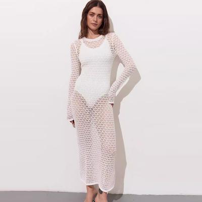 Sexy Long Knit Beach Dress Women Hollow-out Crew Neck Bikin Cover Up Dresses Spring Summer Fashion New Lady Holiday Vestidos