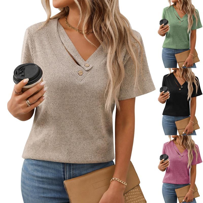 Summer Women's Knitted Corrugated V-neck Button T-shirt Short-sleeved Top
