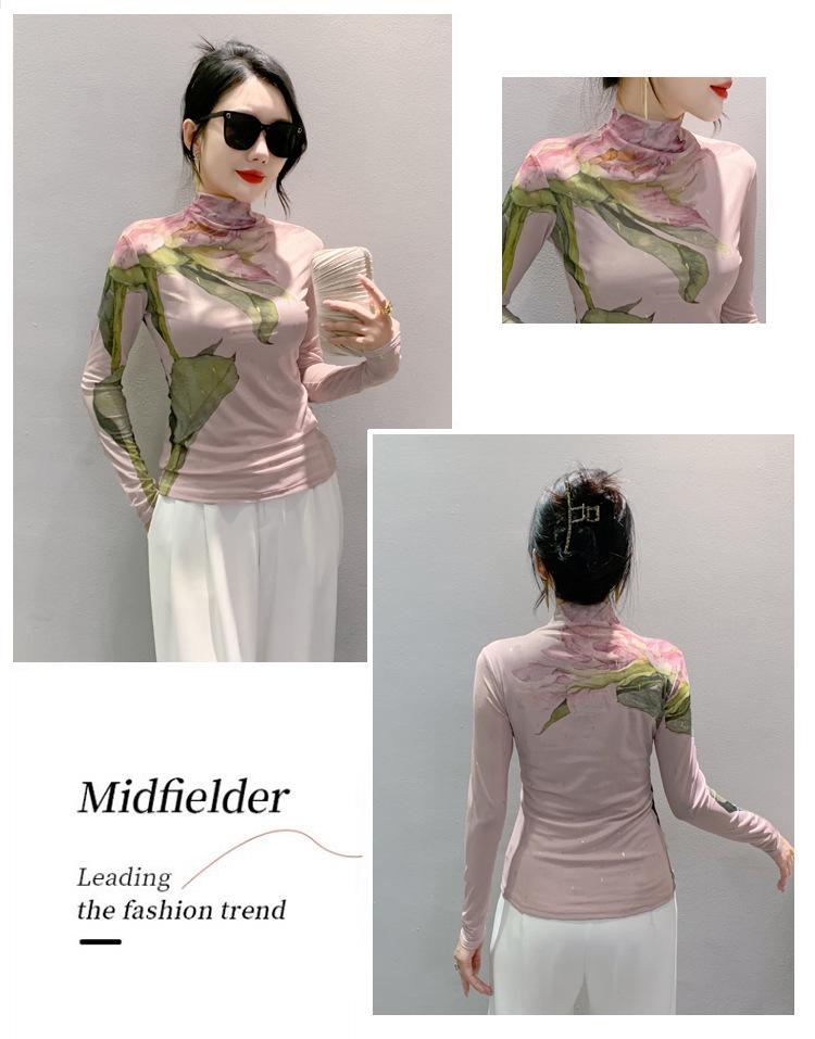 Women's Autumn 2023 Mesh High Neck Printed Long Sleeve Top
