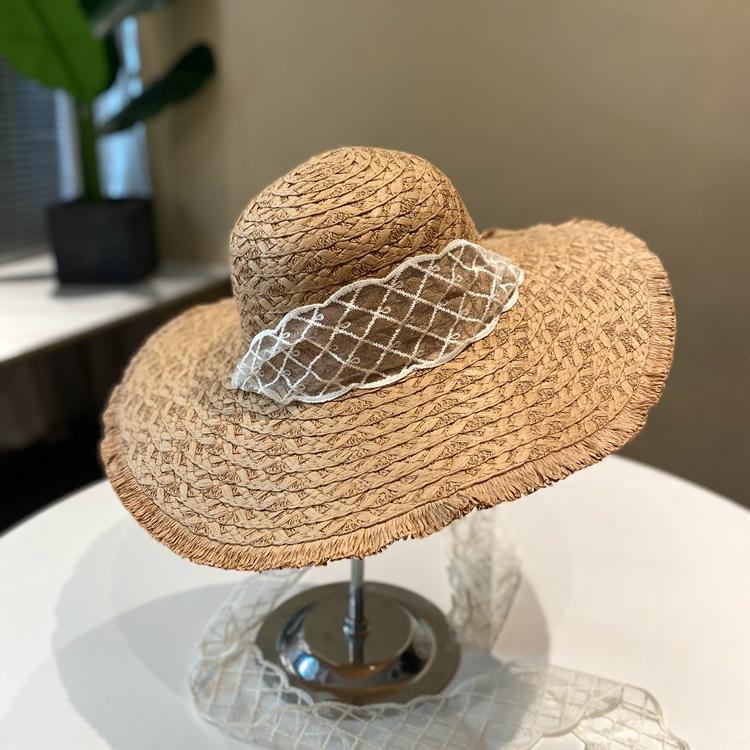 

Lace straw breathable straw hat summer rough edge big brim sunshade sunscreen hat travel seaside beach hat 56-59CM