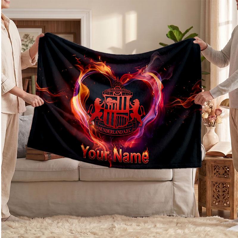 Sunderland FC Personalized Fleece Blanket With Football Logo, Custom Name Text Soft Warm Home Throw Blanket