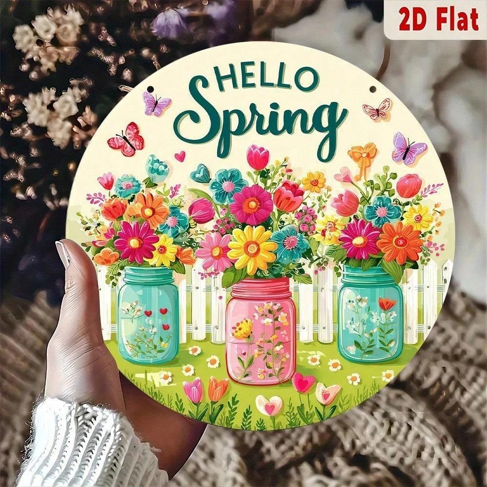 Spring Flower Jar Round Metal Wall Art Aluminum Floral Sign Home Decor Graduation Gift