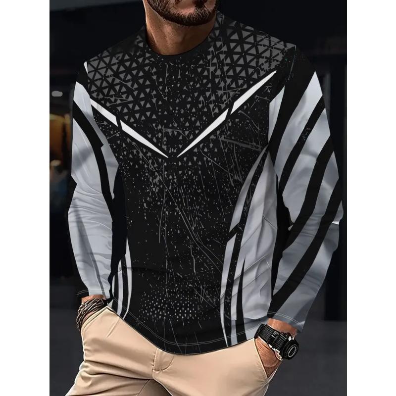 Autumn and Winter Men's Variegated 3D Printed Crew Neck Long Sleeve T-Shirt