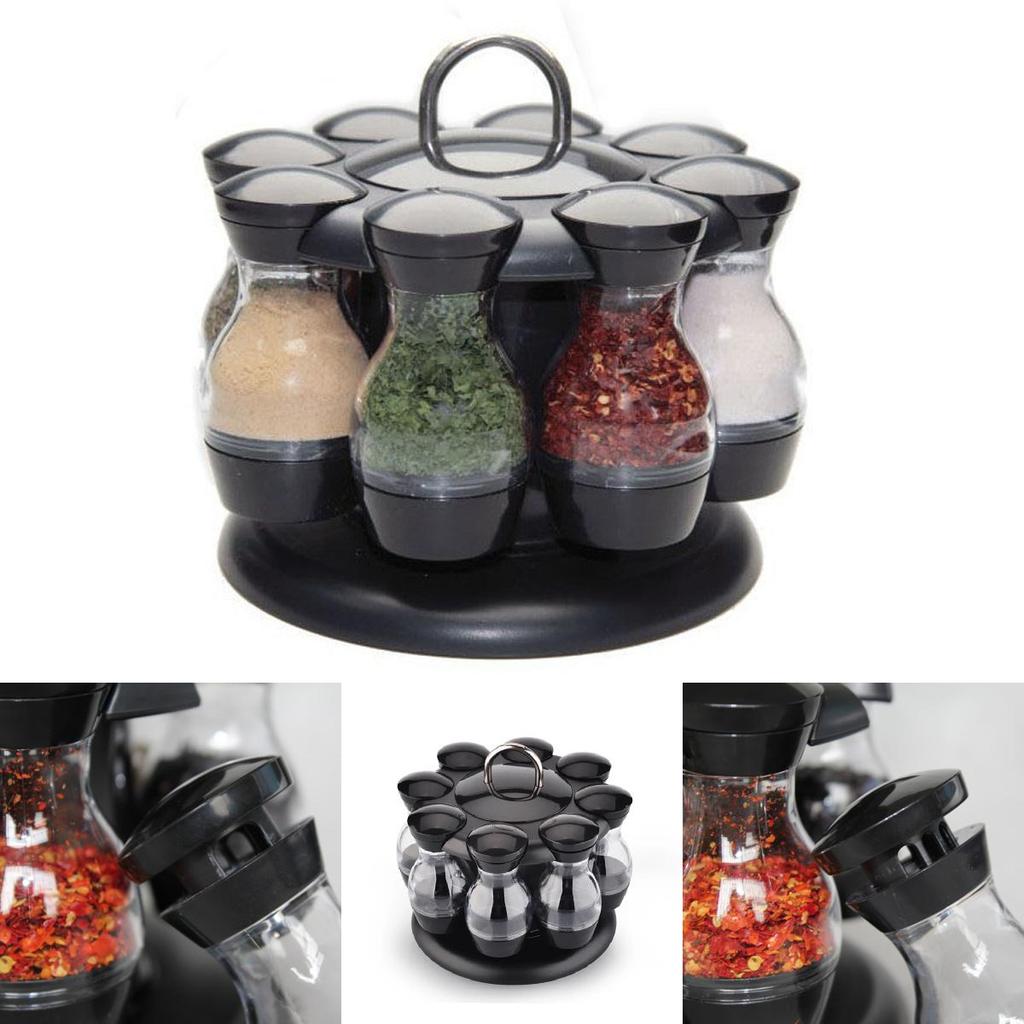 Modern Rotatable Spice Organizer With Black Material For Home Kitchen And Gourmet Cooking