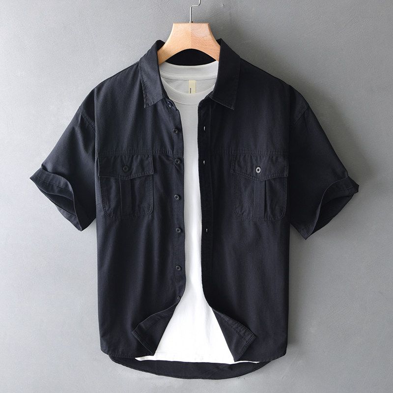 Summer American-Style Casual Short-Sleeve Shirt for Men, Loose Fit for Big and Tall Guys, Pure Cotton Work Shirt Jacket with Heavy Texture
