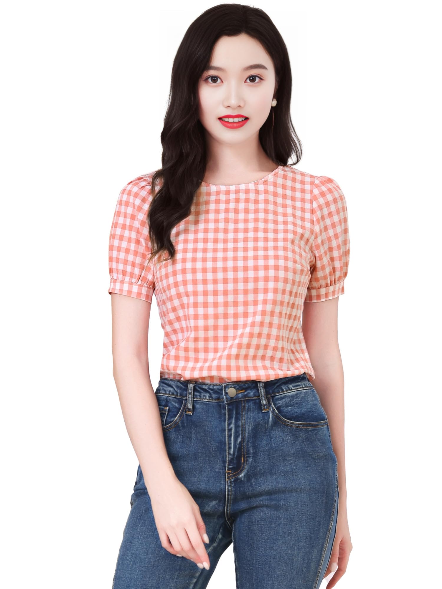 

Блузка для короткая хлопковая клетчатая с пышными рукавами S [Allegra K] Женщины, Рукав, Блузка, Узор, Рукав, Рубашка, Офис, Однотонный, Повседневный, Топ, Стройнящий, Стильный, розовый