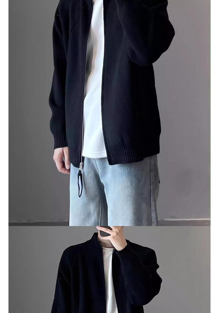Men's Autumn Retro Minimalist Knit Jacket - Long Sleeve Stand Collar Cardigan Sweater
