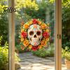 Halloween Skull Window Clings Day of The Dead Flower Static Sticker, Colorful Mexican Floral Glass Indoor Outdoor Festive Art Decal, Waterproof
