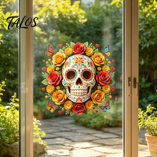 Halloween Skull Window Clings Day of The Dead Flower Static Sticker, Colorful Mexican Floral Glass Indoor Outdoor Festive Art Decal, Waterproof
