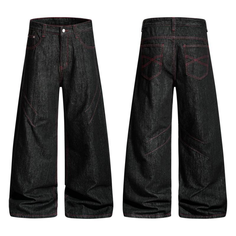 American Retro Raw Black Denim Wide Leg Jeans High Waist Contrast Stitch Straight Pants Teens
