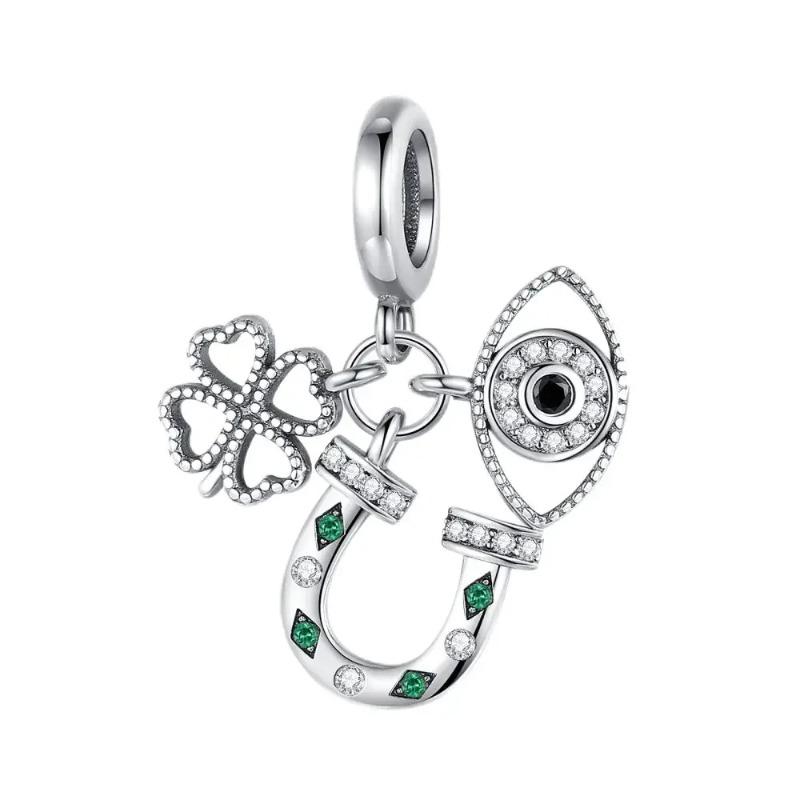 925 Sterling Silver Green Four Leaf Clover Horseshoe Charm Earrings Pendant Necklace Bracelet Jewelry Set