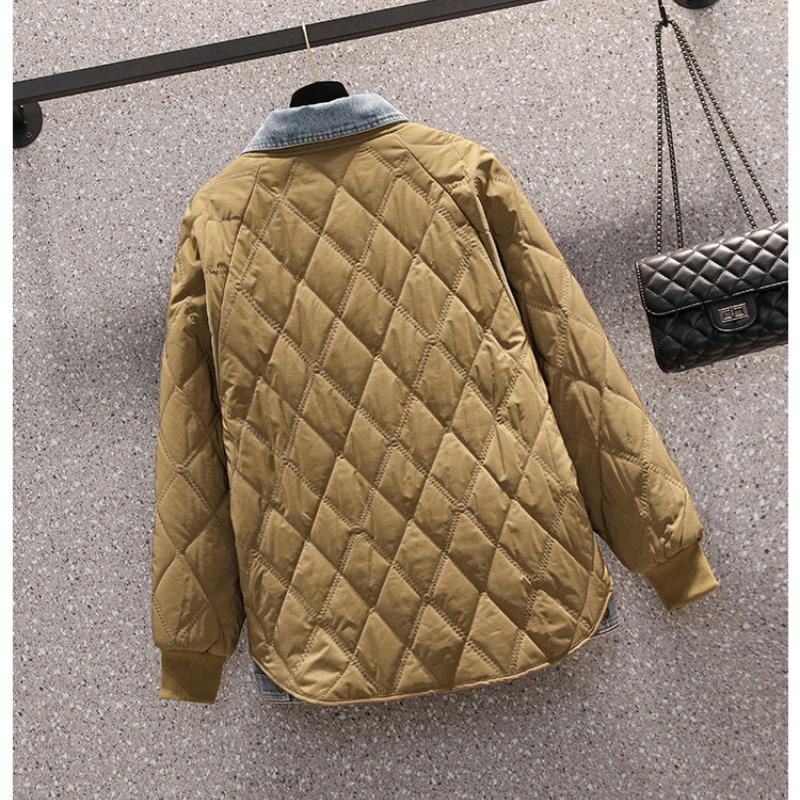 Women's   Autumn  Vacation Two-piece Denim Stitching Padded Jacket Jacket  Loose Fashion Rhombic Padded Jacket