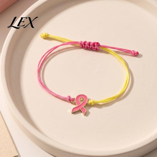 Braided Rope Wristband 2 Pcs Breast Cancer Awareness Bracelets, Adjustable String Stackable Wrist Accessories Bracelets with Ribbon Charm