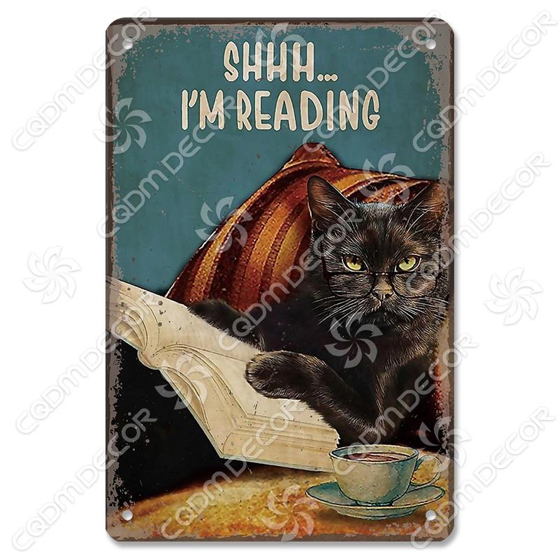 Black Cat Tin Sign Metal Plaque Read Books Drink Wine Pet Metal Poster Vintage Wall Decor for Coffee Shop Kitchen Bathroom Home