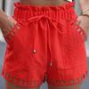 Cotton Linen Shorts Women'S Pants Solid Color Thin Hollow Out Design Trim Pocket Tight Waist Shorts Beachwear White