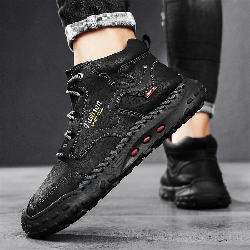 Mens Handmade Casual Leather Loafers Casual Shoes High Boots Leather Winter Sport for Men Soft and Comfortable Non-slip Cotton-padded Ankle Boots