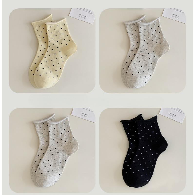 4 Pairs of Mid-calf Polka Dot Rolled Summer Cotton Socks, Sweat-absorbing, Odor-proof, Versatile and Simple Student Thigh-high Socks