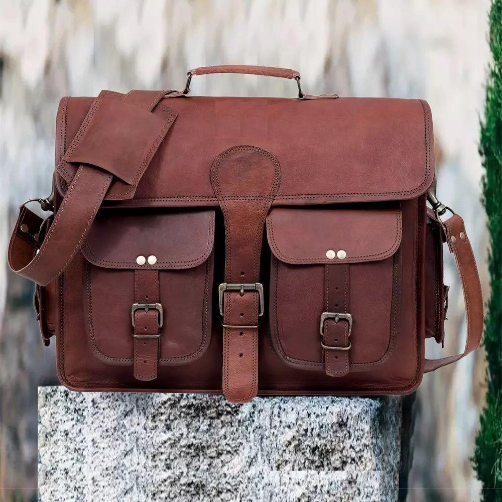 Goat Leather Bag Genuine Messenger Laptop Men's Satchel Real Brown Briefcase