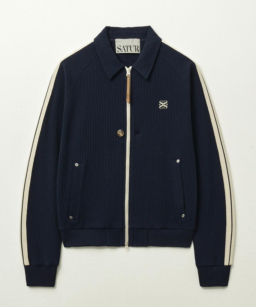 Satur Lawton Waffle Collar Track Zip-Up Jacket Navy