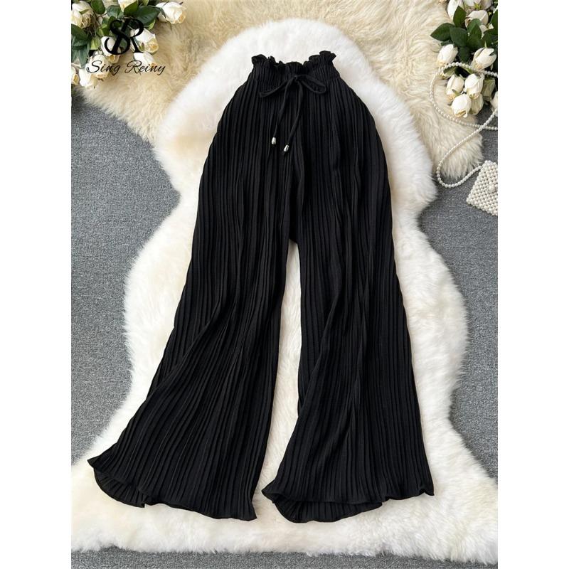 Bandaj Temelleri Rahat Pantolon Kadın Yaz Boy Dökümlü Geniş Bacaklar Pantolon Yüksek Bel Katı Uzun Pilili Pantolon