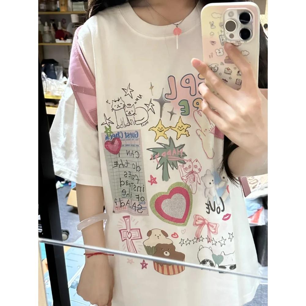 

Loose Fit Tirt Cartoon Print Casual Top for Unisex and Women Y2k Fashion Kawaii Clothes Cute Graphic Shirts for Women S