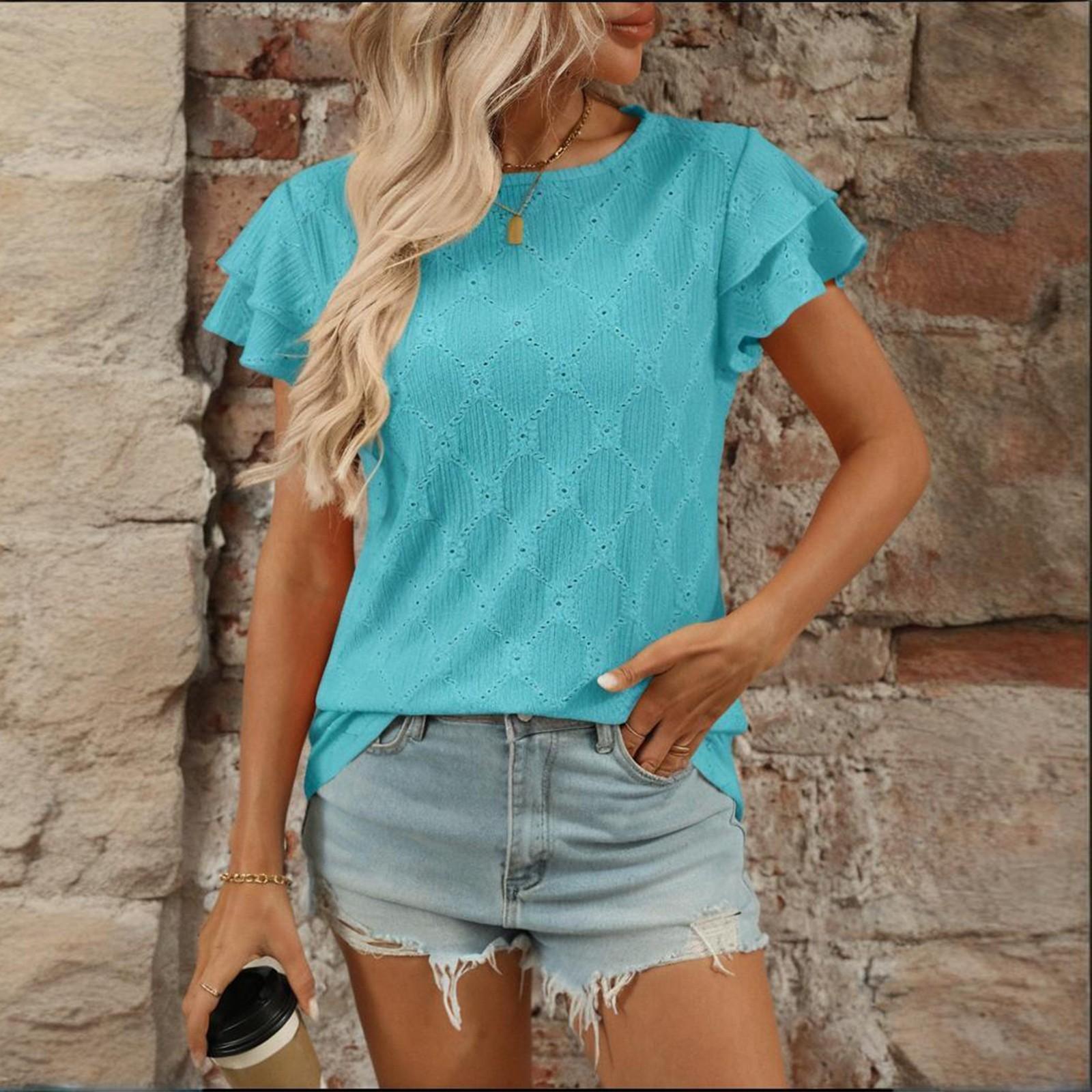 

Женский однотонный топ с круглым вырезом и короткими рукавами S