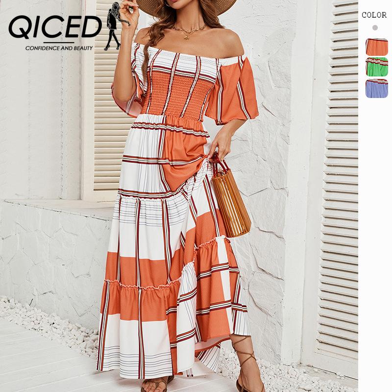 

QICED женские модные летние весенние повседневные платья с цветным принтом и коротким рукавом на одно плечо и высокой талией