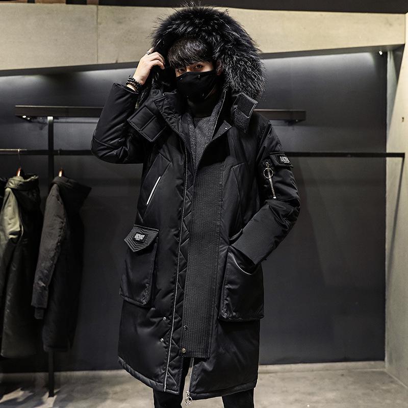 2025 Men's Mid-Length Down Jacket with Fur Collar, Thickened for Warmth, Below Knee Length, Multi-Pocket Winter Coat