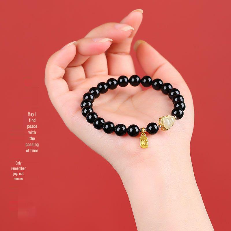 Women's Black Obsidian Gourd Bracelet - Year of the Rat Lucky Charm, Imitation Hetian Jade, Original Couple Gift.