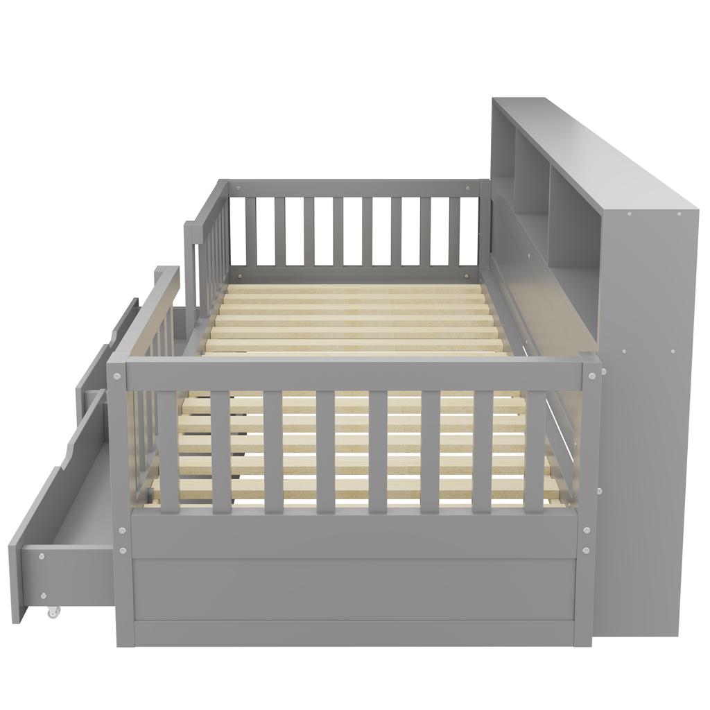 Letto per Bambini, 90 x 200 cm – Testiera Alta con Sponda di Sicurezza, Cassetti, Mensole e Illuminazione a LED, Grigio