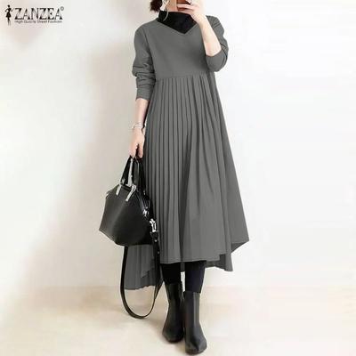 Women Casual V-Neck Solid Color Long Sleeve Loose Dress