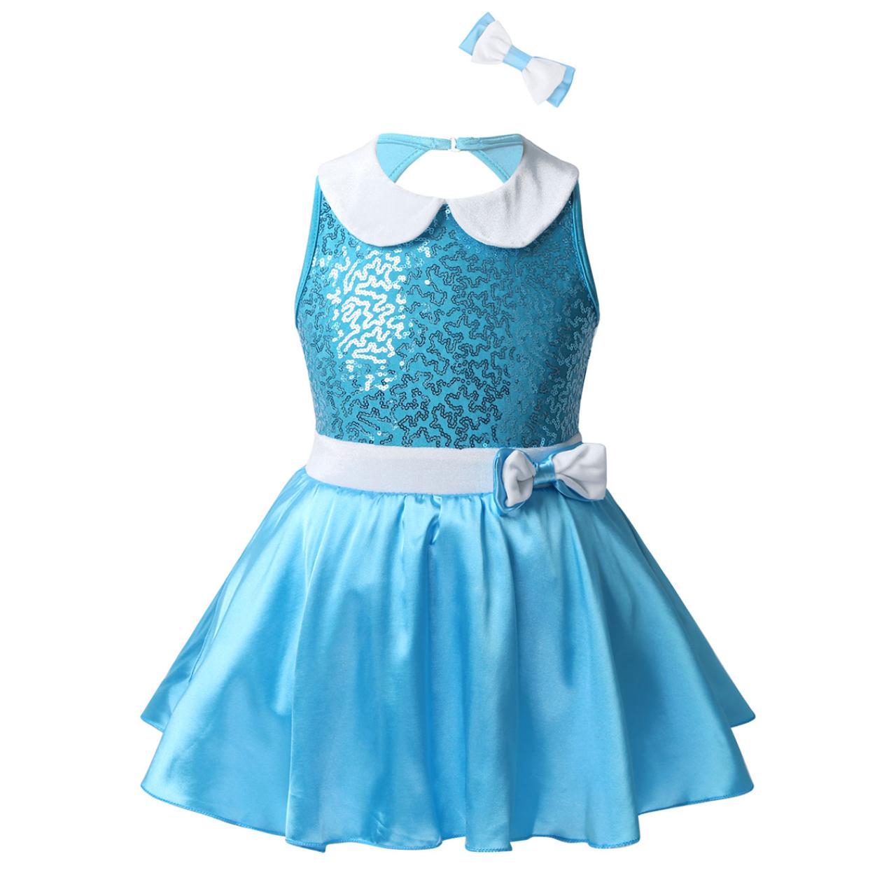 

Детское платье для фигурного катания на Рождество для девочек, блестящее платье-трико с пачкой и бантом из пайеток, комплект с заколкой для волос, танцевальная одежда 3-4 Years небесно-голубой