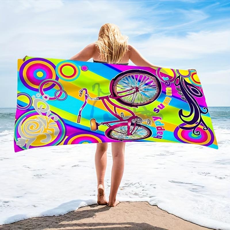 Retro-Fahrradmuster Strandtuch mit Happy Summer Aufdruck, Weiches Saugfähiges Mikrofaser-Polyester-Handtuch für Strand Pool Badezimmer Cam