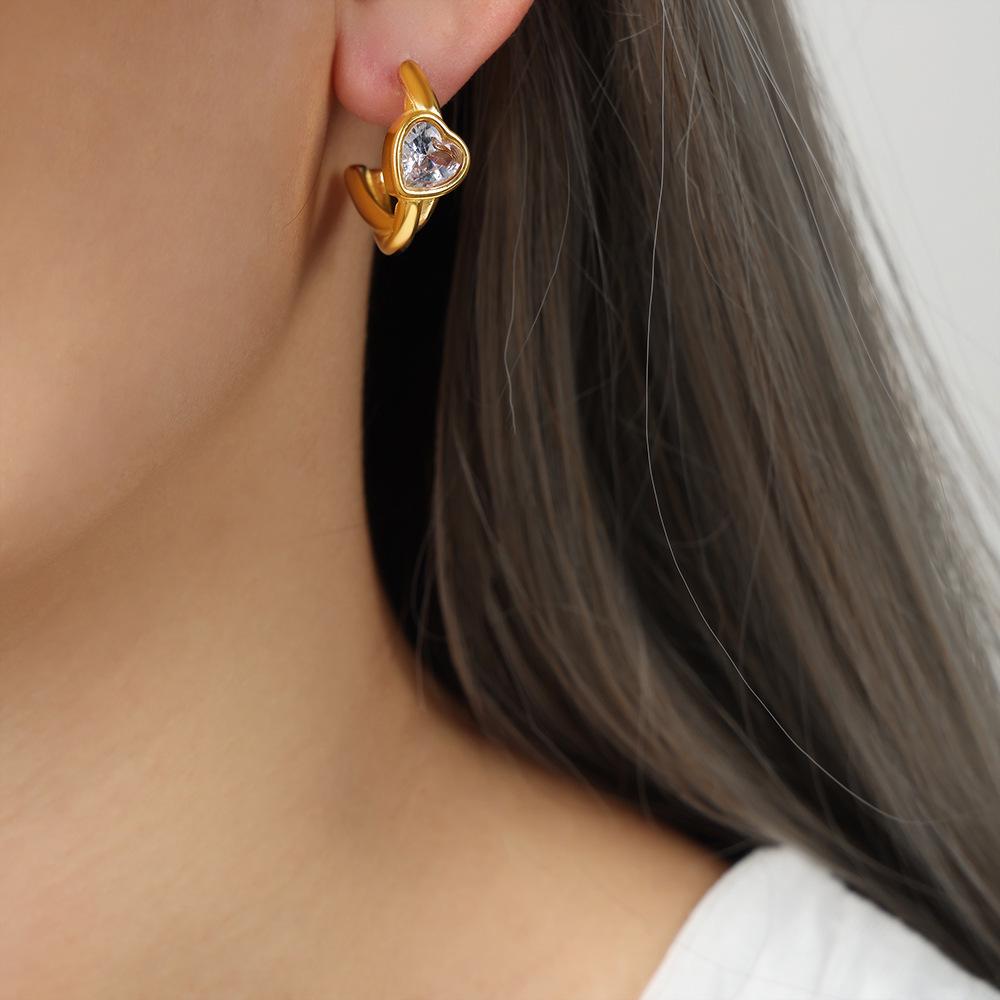 Gold Plated Retro Heart Zirconium Twisted Line Earrings in Titanium Steel