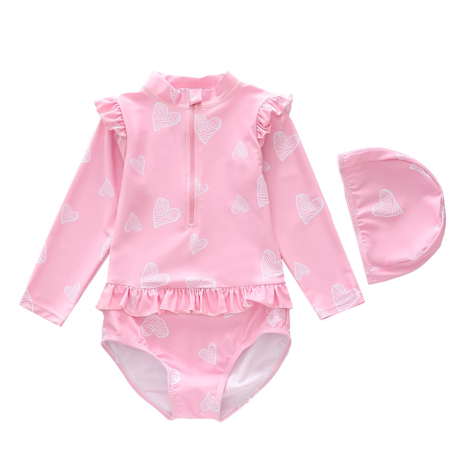 

One-piece Kids Swimming Suit Long Sleeve Hat+Romper Matching Baby Girls Swimwear Seaside Clothes Casual Children Bathing Suits M(90) розовый