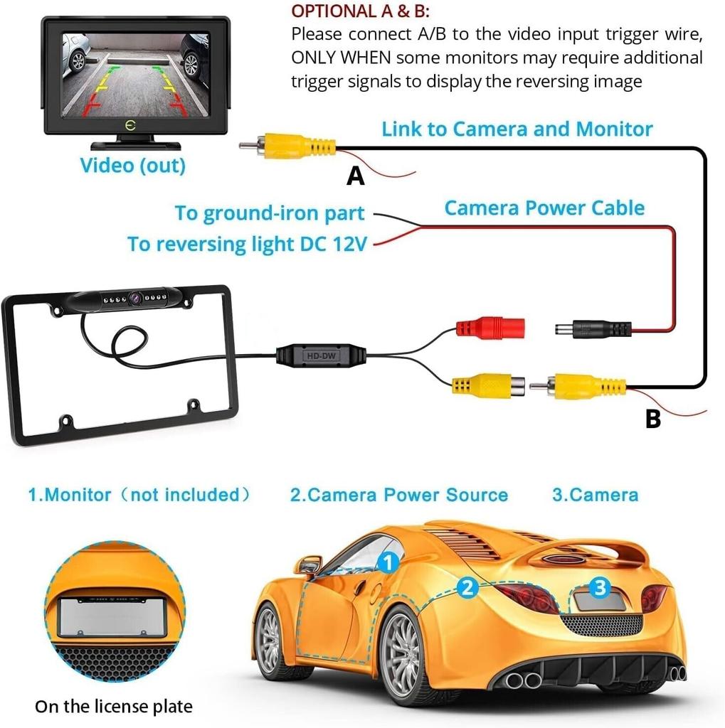 US License Plate Metal Frame Car License Plate Frame Auto Reverse Backup Rear View Camera CMOS HD LED Night Vision