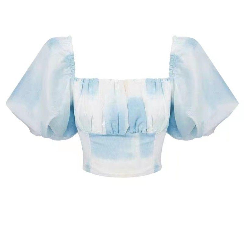 

Zhao Lusi Blue Sky and White Clouds Dream High Waist Peplum Top Blue sky and white clouds Print Tops L