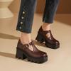 Square head thick heel waterproof table leather single shoes women's 2025 new muffin bottom T-buckle with high heel thick sole loafers
