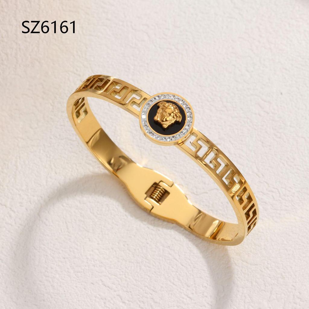 Europejska i Bliskowschodnia Biżuteria Modowa: Damskie Bransoletki ze Stali Nierdzewnej, Wzór Rzymski, Wysadzane Diamentami, ażurowy Wzór.