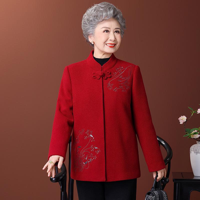 Wool Coat with Fleece Lining and Thickened Tang Suit for Elderly Women