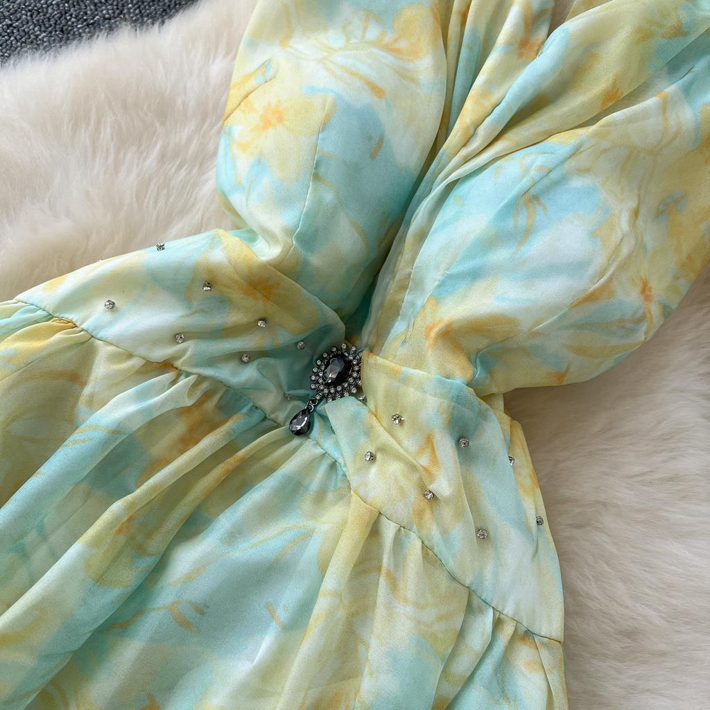 Summer Women V-neck Print Chiffon Halter Open Back Beading Long Maxi Holiday Beach Dresses